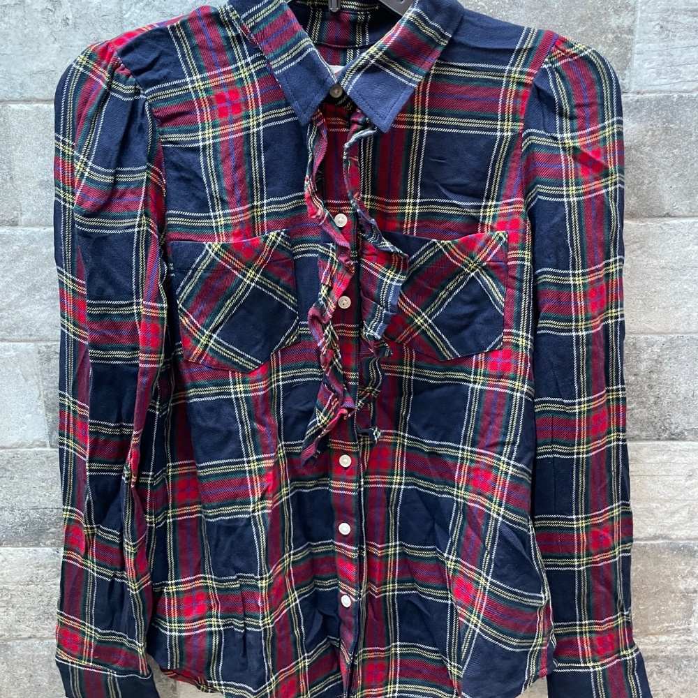 ❤️ GAP PLAID RUFFLE HOLIDAY BUTTON DOWN TOP SIZE XS - Picture 2 of 6